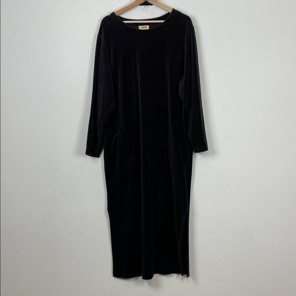 Talbots Intimates Velour Pocket Black Long Sleeve Pullover Loung Maxi Dress M